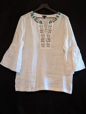 Talbots Fish Embellished Linen Tunic White Flounce Sleeve Top Large Summer Airy